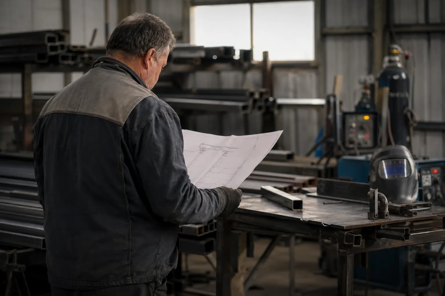 Metallbaumeister prüft eine technische Zeichnung in der Werkstatt