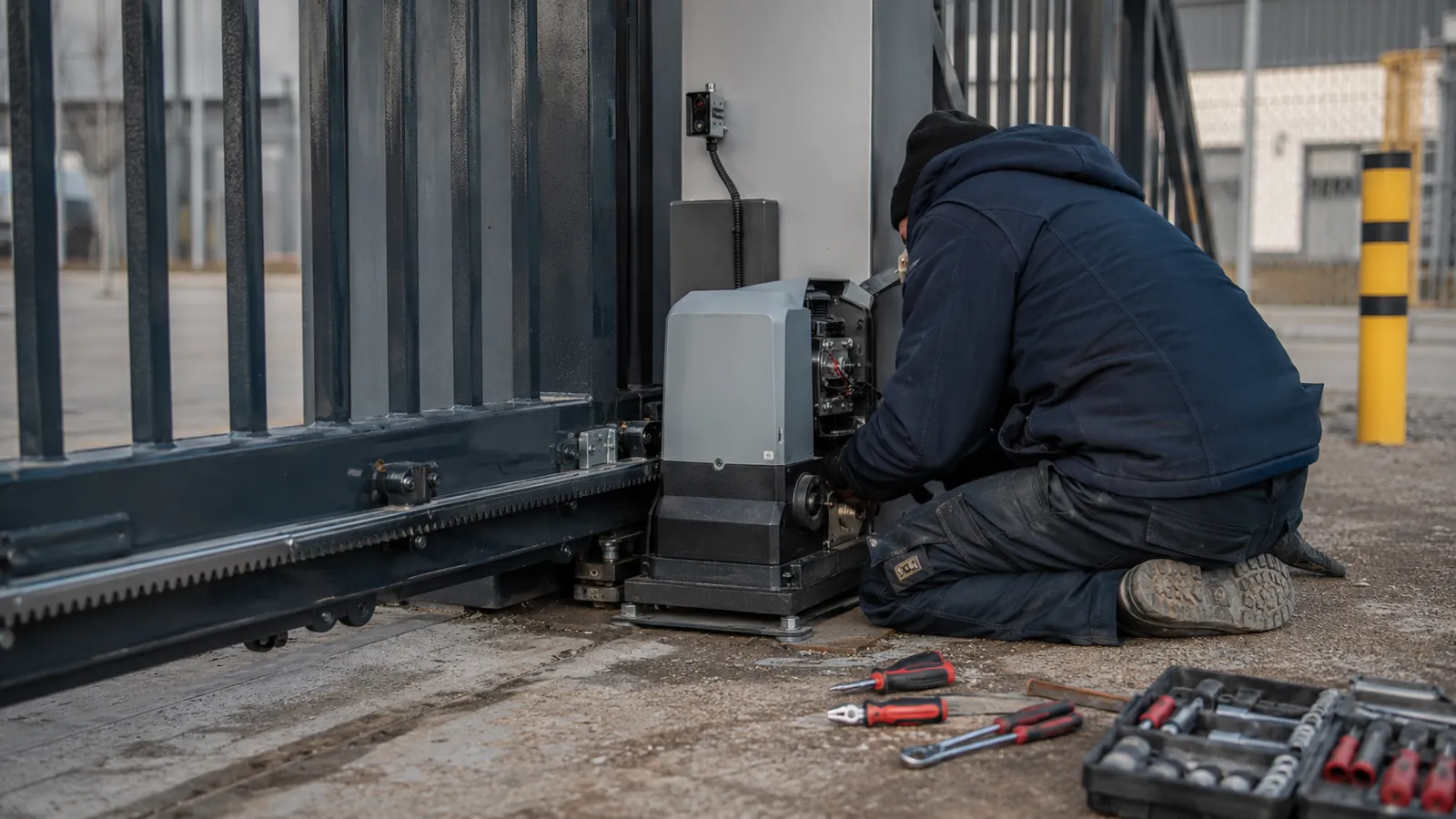 Techniker wartet den Antrieb einer kraftbetätigten Toranlage