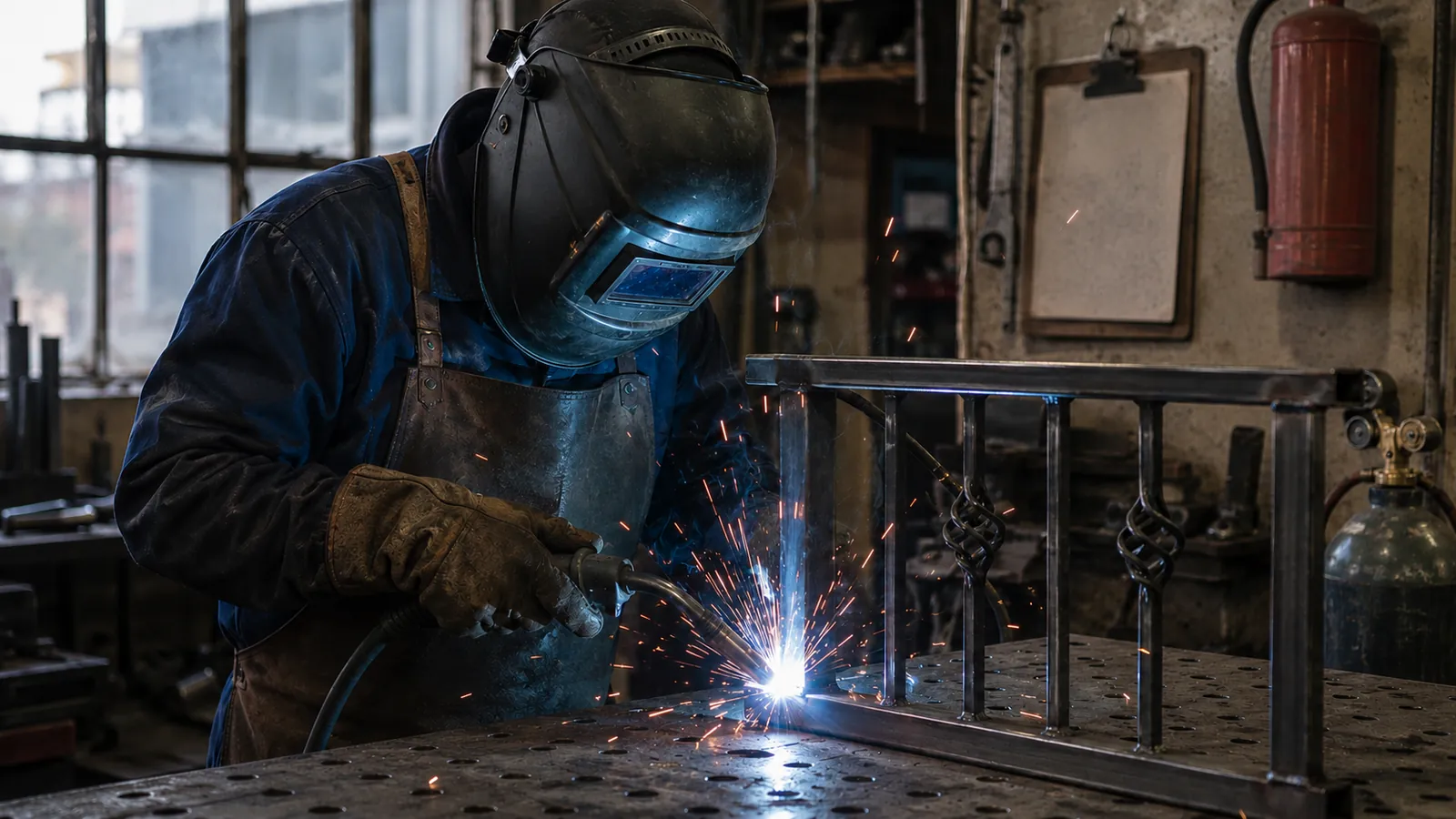 Metallbauer beim Schweißen eines Stahlgeländers, Funkenflug in der Werkstatt