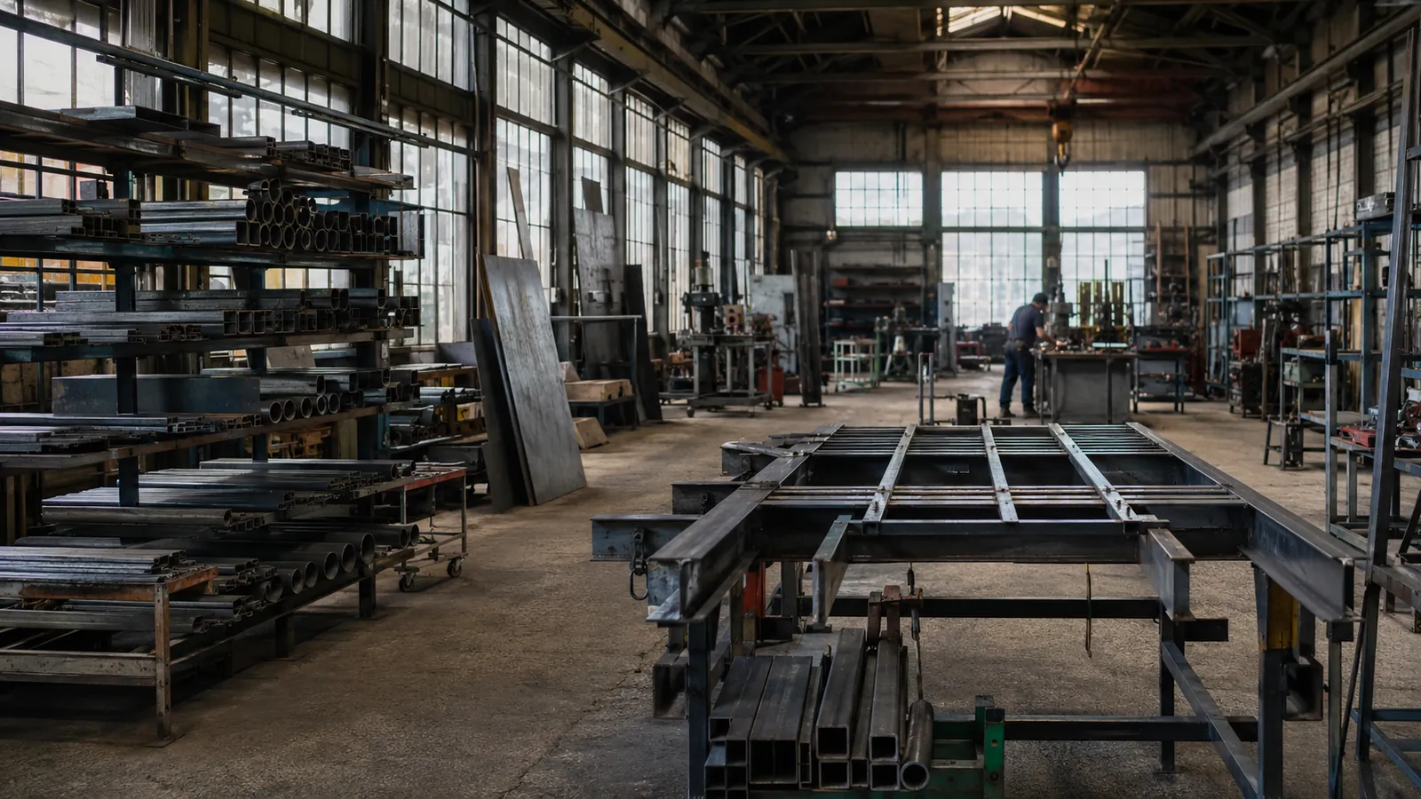 Metallbau-Werkstatt mit Stahlprofilen, Blechen und Montagetisch